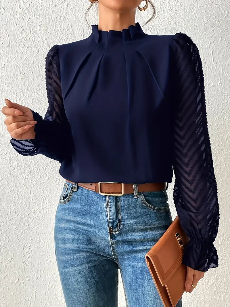 May Britt | Chic Pleated Top with Sheer Mesh Sleeves for Women