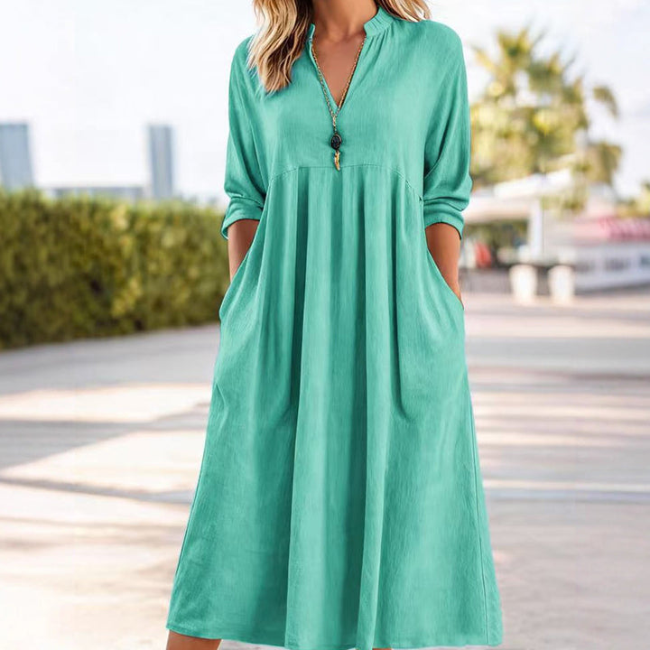 CHARLOTTE | Casual V-Neck Midi Dress with Pockets