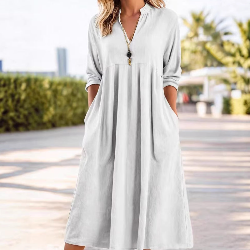 CHARLOTTE | Casual V-Neck Midi Dress with Pockets