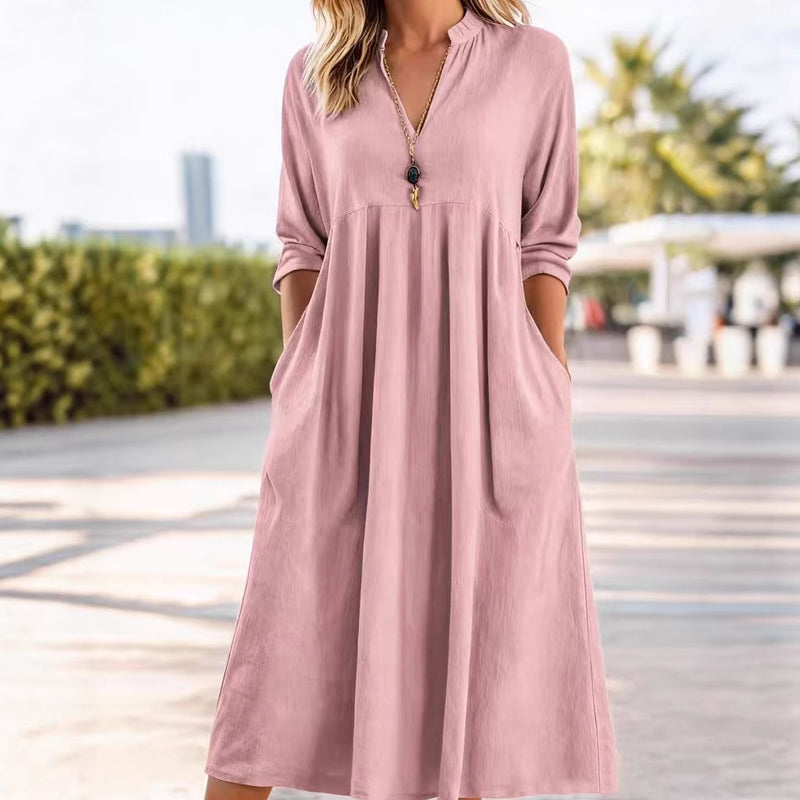 CHARLOTTE | Casual V-Neck Midi Dress with Pockets