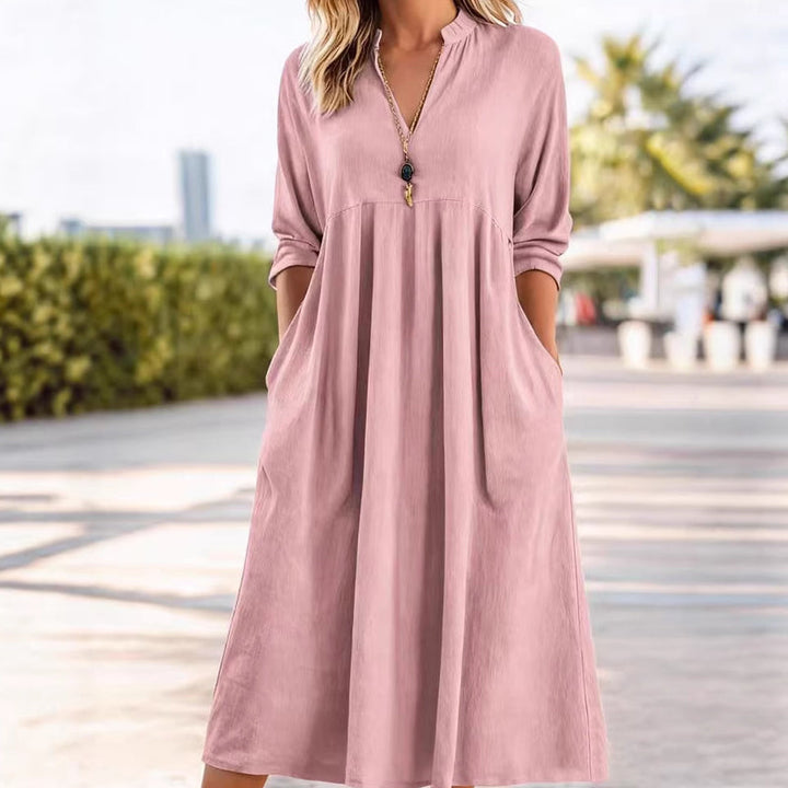 CHARLOTTE | Casual V-Neck Midi Dress with Pockets